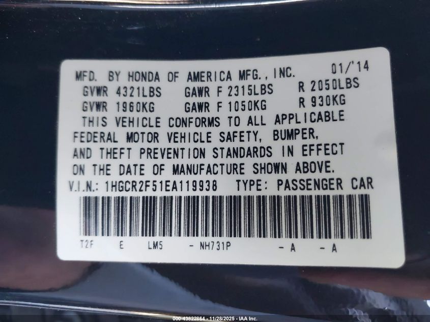 2014 Honda Accord Sport VIN: 1HGCR2F51EA119938 Lot: 43822864