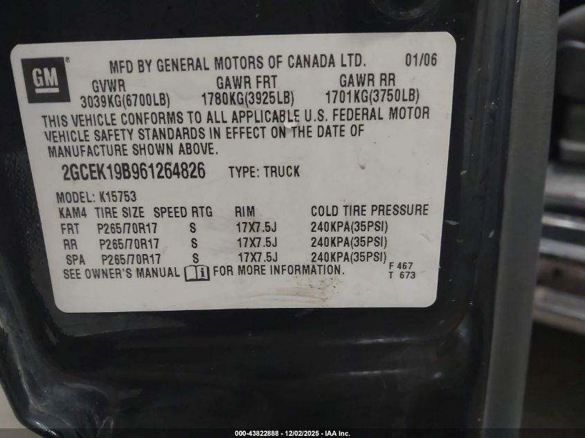 2006 Chevrolet Silverado 1500 Lt1 VIN: 2GCEK19B961264826 Lot: 43822888