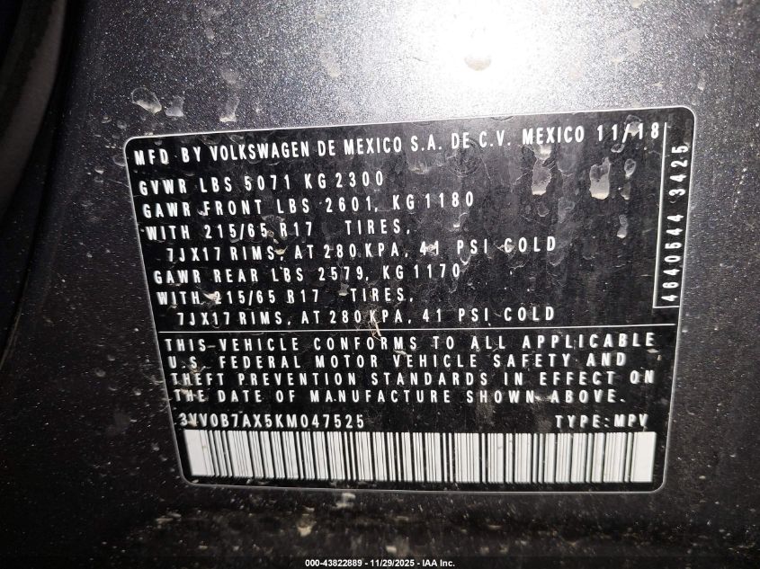 2019 Volkswagen Tiguan 2.0T S VIN: 3VV0B7AX5KM047525 Lot: 43822889