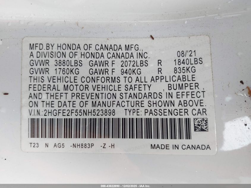 2022 Honda Civic Sport VIN: 2HGFE2F55NH523898 Lot: 43822890