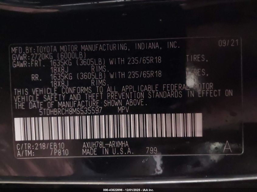 2021 Toyota Highlander Hybrid Xle VIN: 5TDHBRCH8MS535597 Lot: 43822896