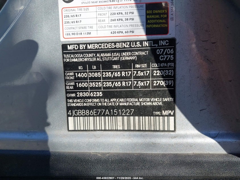 2007 Mercedes-Benz Ml 350 4Matic VIN: 4JGBB86E77A151227 Lot: 43822901