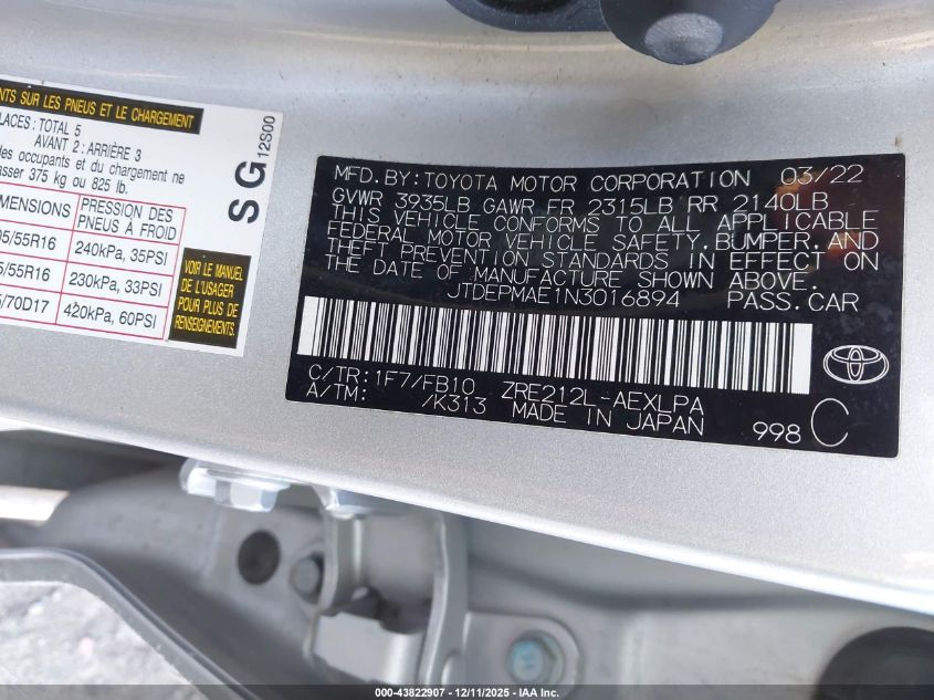 2022 Toyota Corolla Le VIN: JTDEPMAE1N3016894 Lot: 43822907