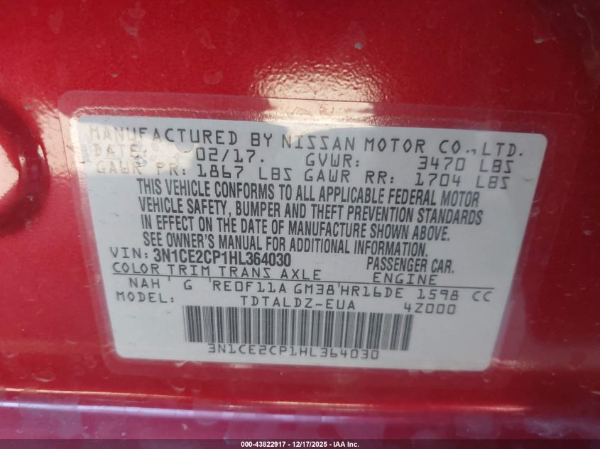 2017 Nissan Versa Note Sv VIN: 3N1CE2CP1HL364030 Lot: 43822917