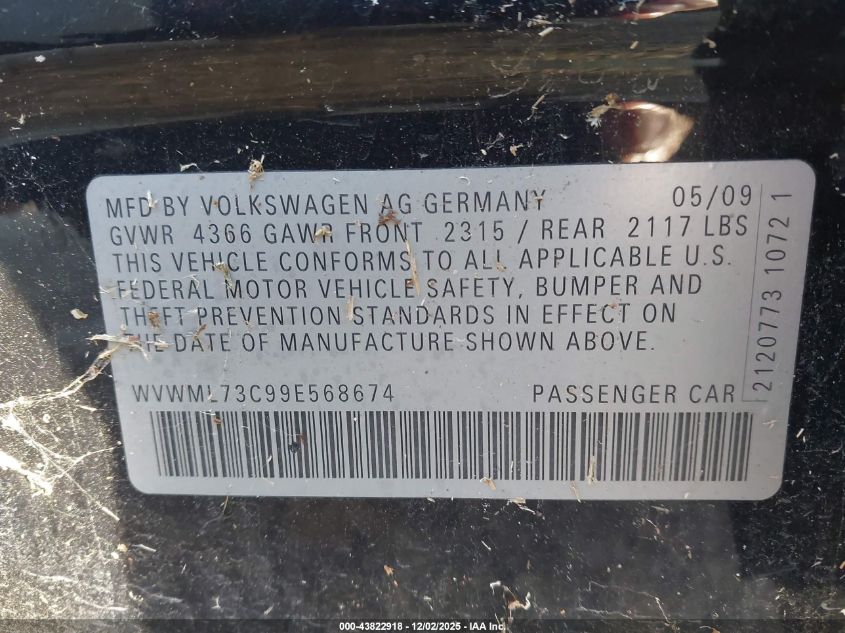 2009 Volkswagen Cc Sport VIN: WVWML73C99E568674 Lot: 43822918