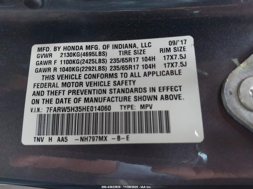 2017 Honda Cr-V Lx VIN: 7FARW5H35HE014060 Lot: 43822928