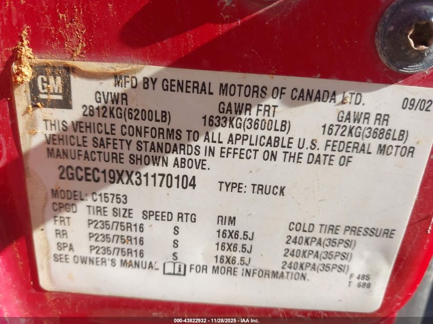 2003 Chevrolet Silverado 1500 Work Truck VIN: 2GCEC19XX31170104 Lot: 43822932