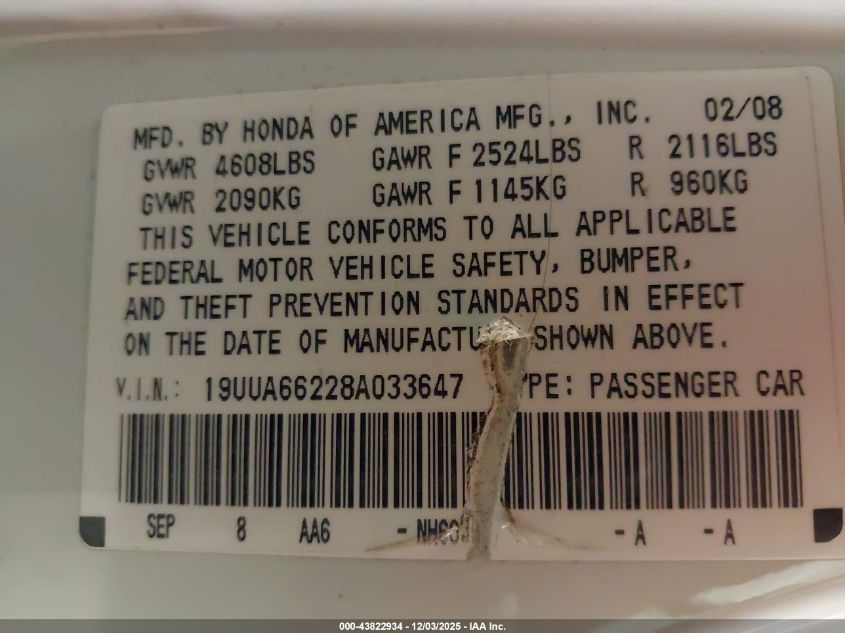 2008 Acura Tl 3.2 VIN: 19UUA66228A033647 Lot: 43822934