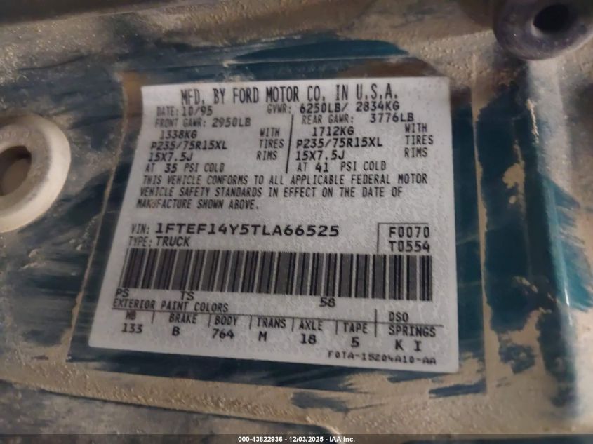 1996 Ford F150 VIN: 1FTEF14Y5TLA66525 Lot: 43822936