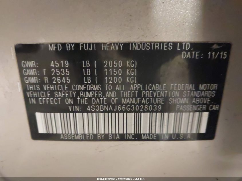 2016 Subaru Legacy 2.5I Limited VIN: 4S3BNAJ66G3028039 Lot: 43822939