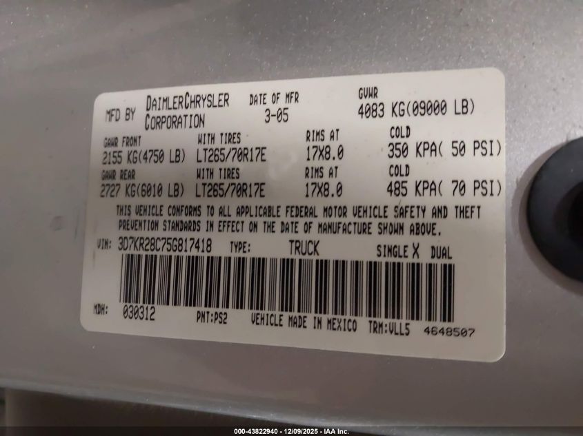 2005 Dodge Ram 2500 Slt/Laramie VIN: 3D7KR28C75G817418 Lot: 43822940