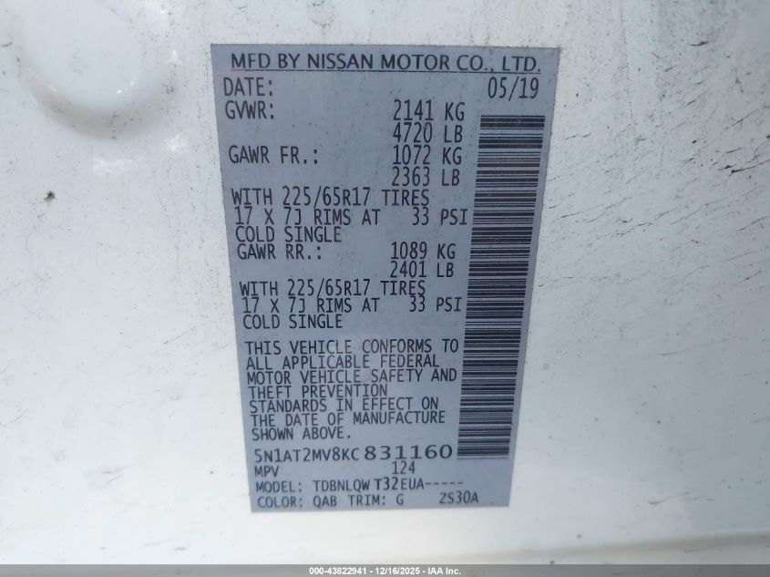 2019 Nissan Rogue Sv VIN: 5N1AT2MV8KC831160 Lot: 43822941