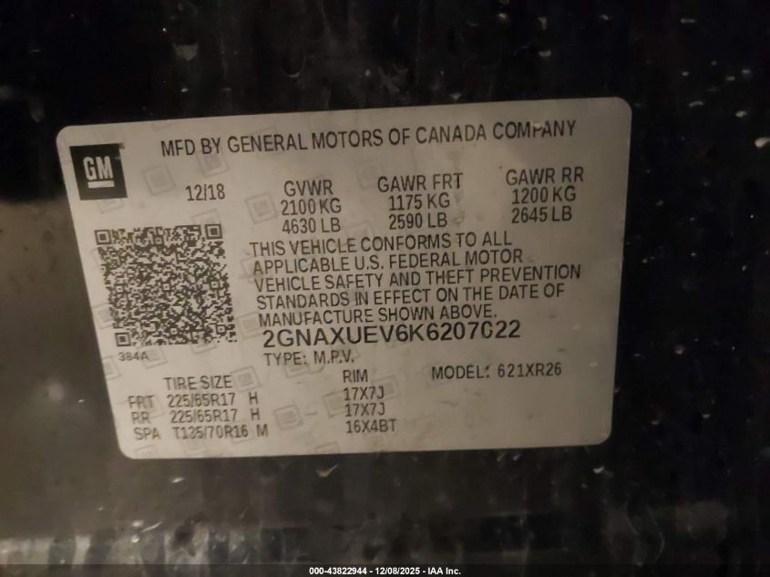 2019 Chevrolet Equinox Lt VIN: 2GNAXUEV6K6207022 Lot: 43822944