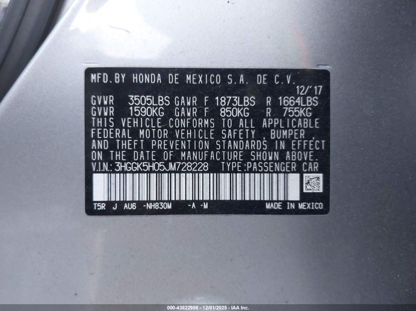 2018 Honda Fit Ex-L VIN: 3HGGK5H05JM728228 Lot: 43822986