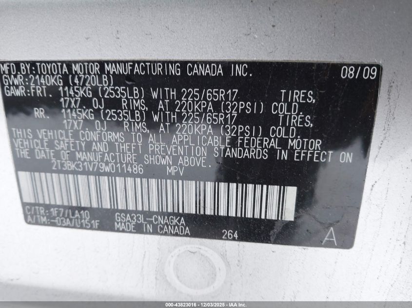 2009 Toyota Rav4 Limited V6 VIN: 2T3BK31V79W011486 Lot: 43823016