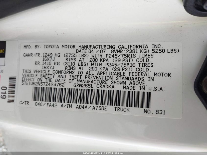 2007 Toyota Tacoma Prerunner V6 VIN: 5TETU62N57Z423762 Lot: 43823022