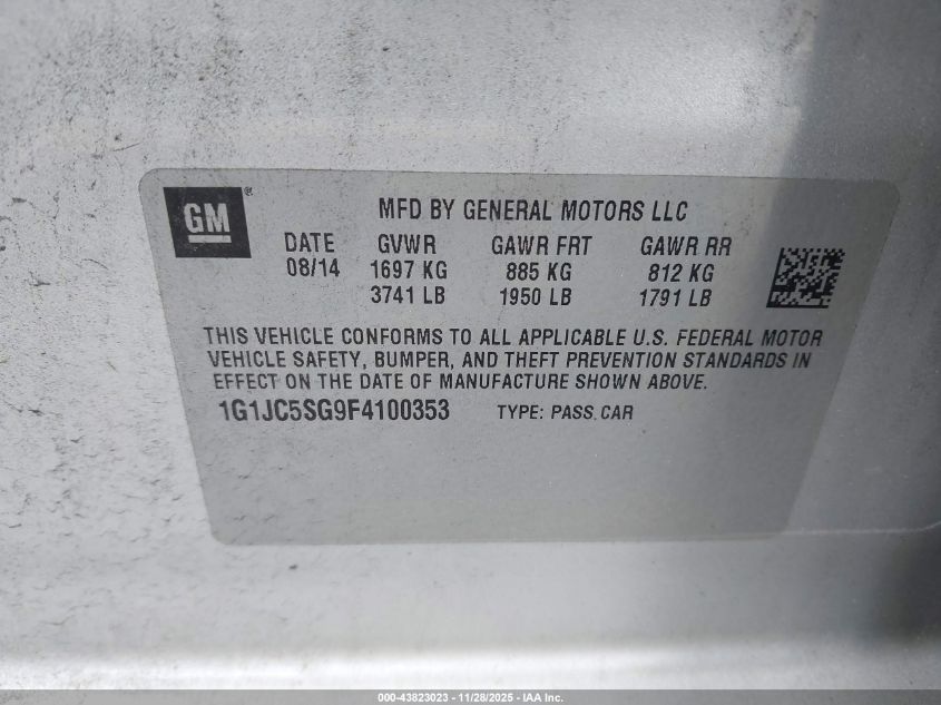 2015 Chevrolet Sonic Lt Auto VIN: 1G1JC5SG9F4100353 Lot: 43823023