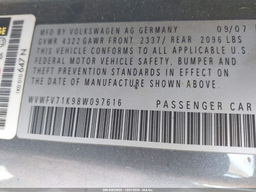 2008 Volkswagen Gti 2-Door/2-Door (A6) (Eop Cw 21/08) VIN: WVWFV71K98W097616 Lot: 43823025