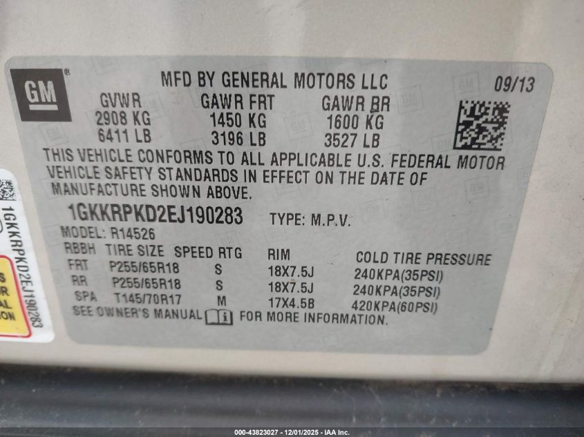 2014 GMC Acadia Sle-2 VIN: 1GKKRPKD2EJ190283 Lot: 43823027