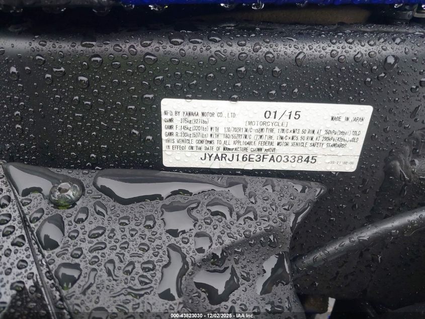 2015 Yamaha Yzfr6 VIN: JYARJ16E3FA033845 Lot: 43823030