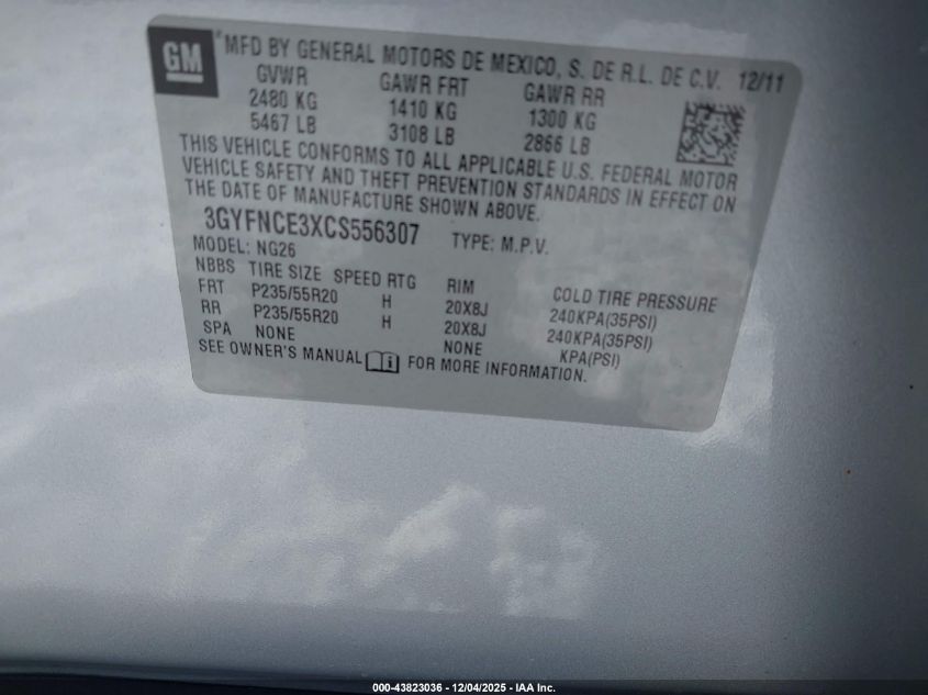 2012 Cadillac Srx Premium Collection VIN: 3GYFNCE3XCS556307 Lot: 43823036