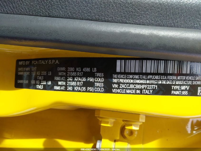 2017 Jeep Renegade Trailhawk 4X4 VIN: ZACCJBCB6HPF22771 Lot: 43823038