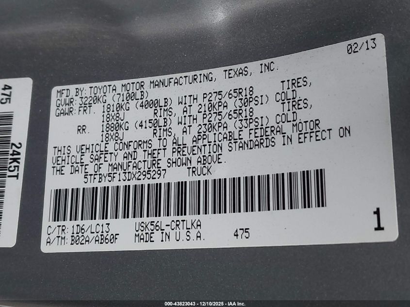 2013 Toyota Tundra Limited 5.7L V8 VIN: 5TFBY5F13DX295297 Lot: 43823043