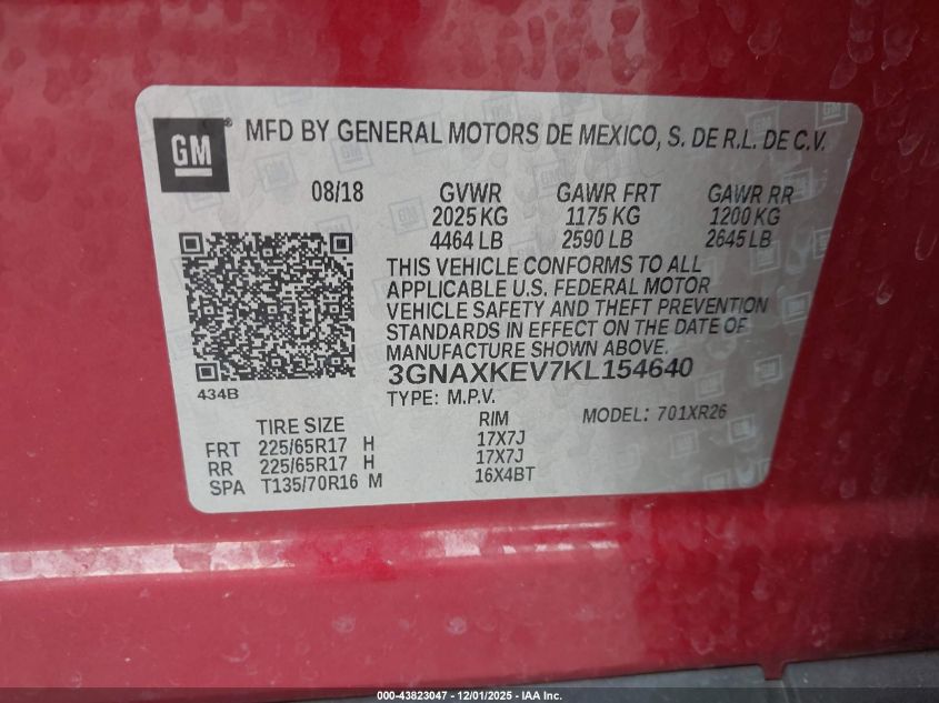 2019 Chevrolet Equinox Lt VIN: 3GNAXKEV7KL154640 Lot: 43823047