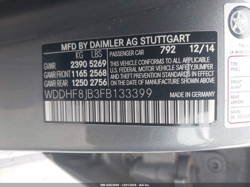 2015 Mercedes-Benz E 350 4Matic VIN: WDDHF8JB3FB133399 Lot: 43823048