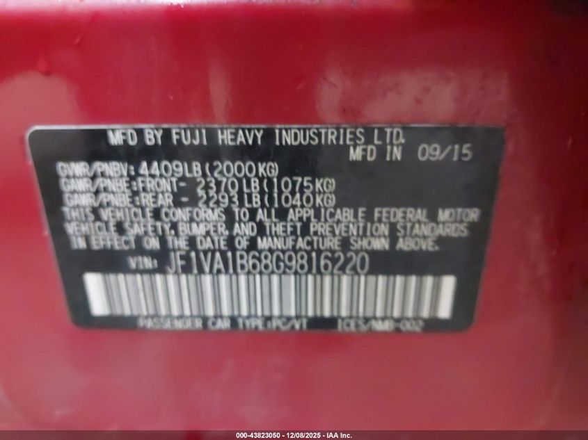 2016 Subaru Wrx VIN: JF1VA1B68G9816220 Lot: 43823050