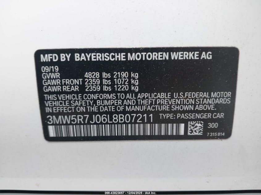 2020 BMW 330I xDrive VIN: 3MW5R7J06L8B07211 Lot: 43823057
