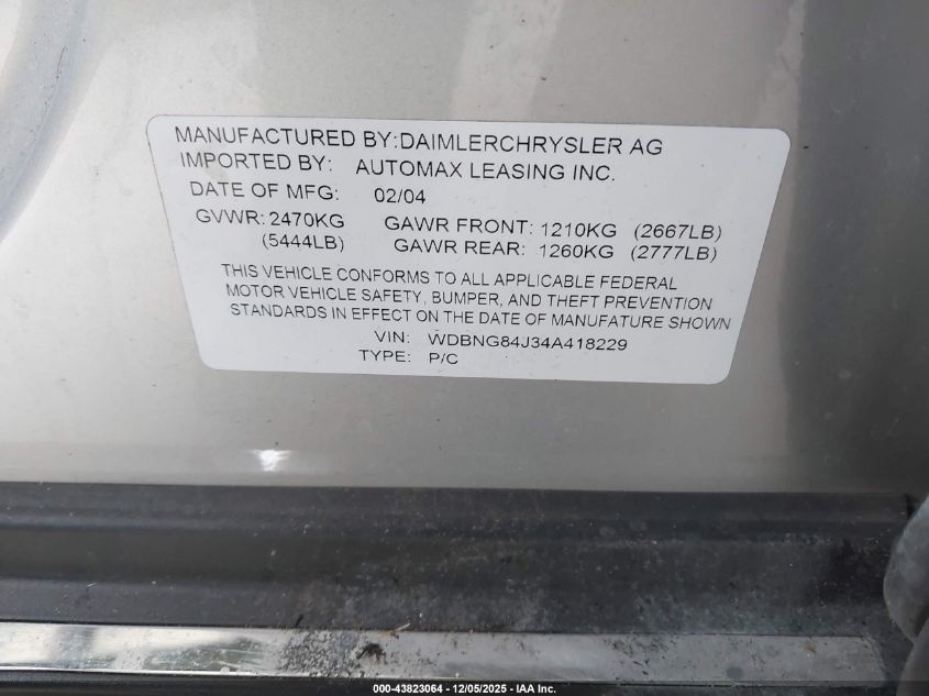 2004 Mercedes-Benz S 500 4Matic VIN: WDBNG84J34A418229 Lot: 43823064