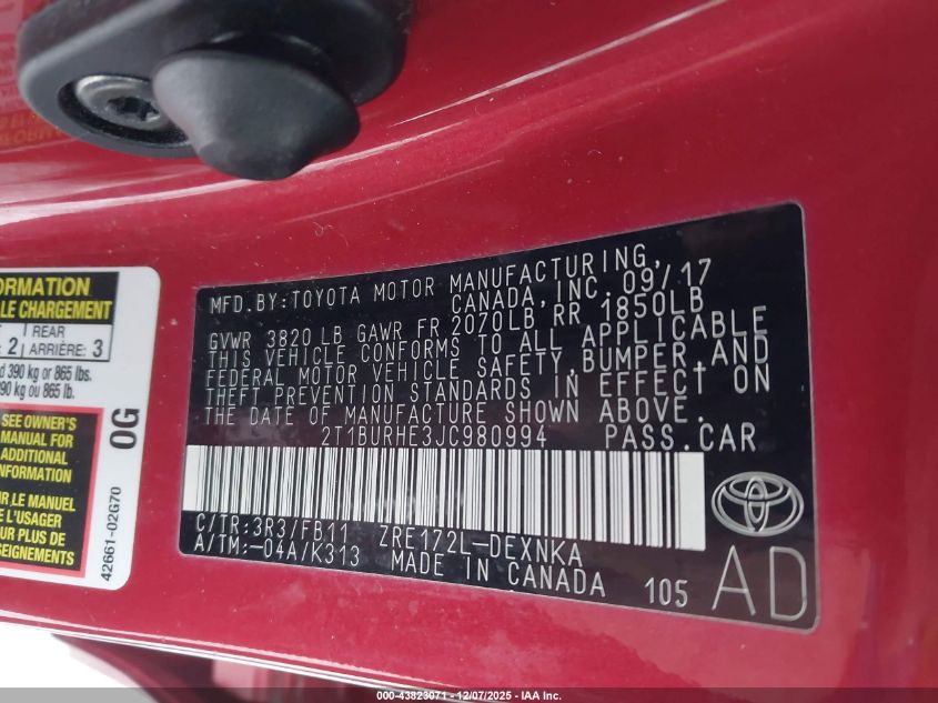 2018 Toyota Corolla Le VIN: 2T1BURHE3JC980994 Lot: 43823071