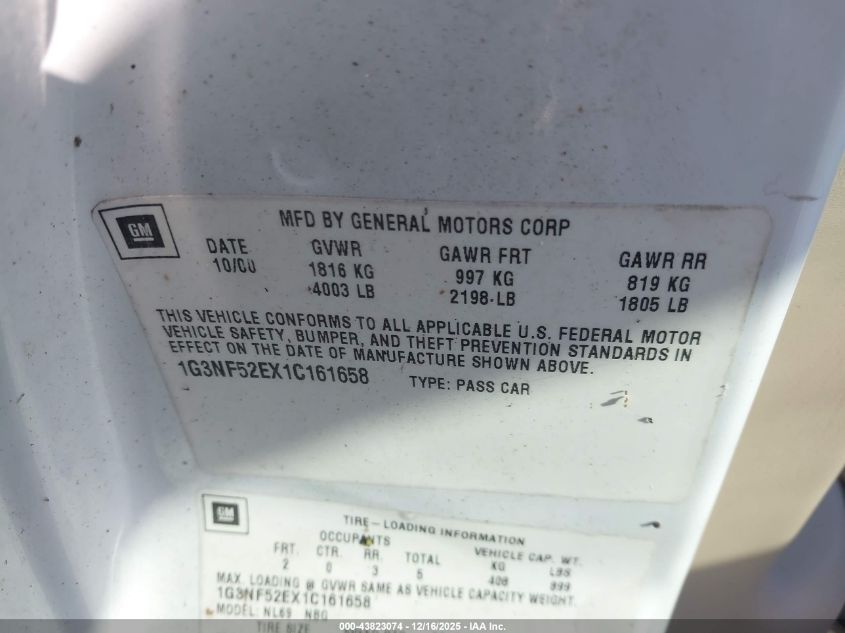 2001 Oldsmobile Alero Gls VIN: 1G3NF52EX1C161658 Lot: 43823074