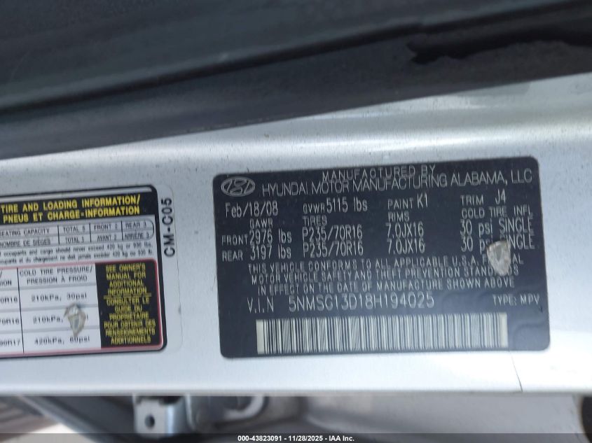 2008 Hyundai Santa Fe Gls VIN: 5NMSG13D18H194025 Lot: 43823091