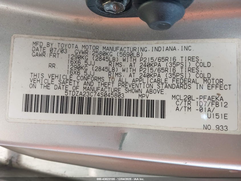 5TDZA23C74S045803 2004 TOYOTA SIENNA photo no. 9