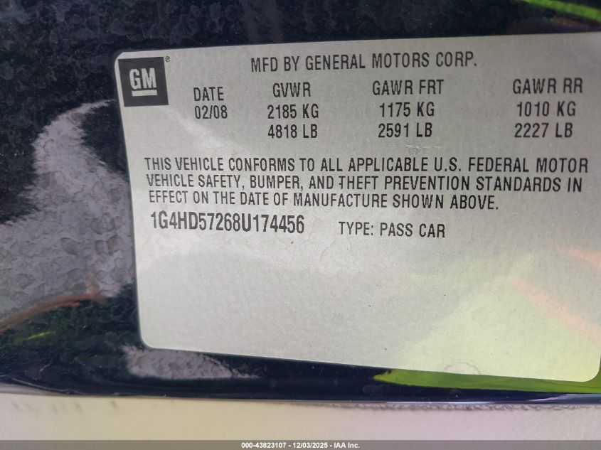 2008 Buick Lucerne Cxl VIN: 1G4HD57268U174456 Lot: 43823107