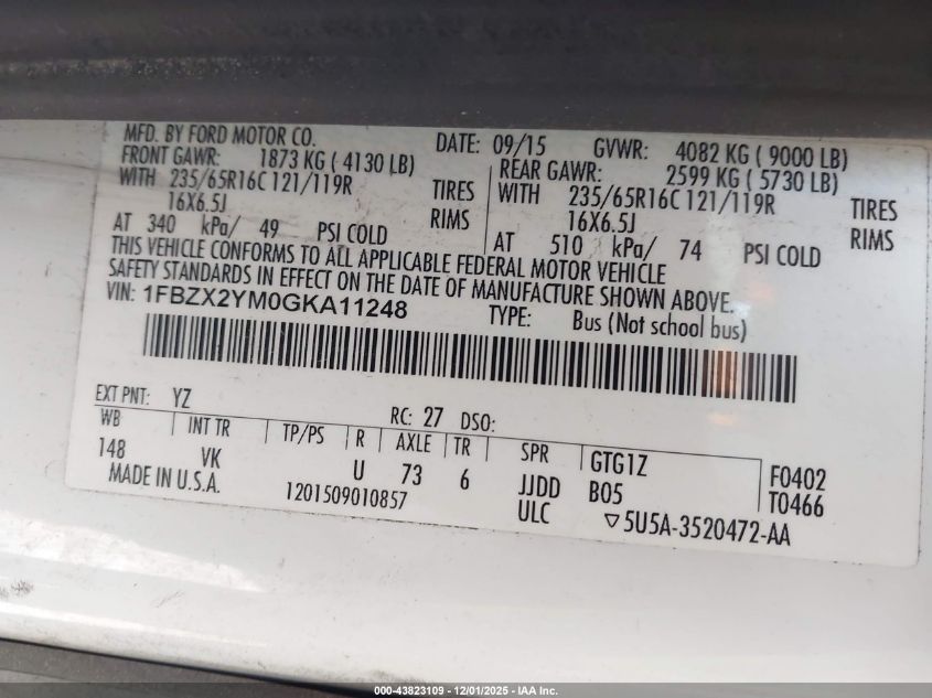 2016 Ford Transit-350 Xl VIN: 1FBZX2YM0GKA11248 Lot: 43823109