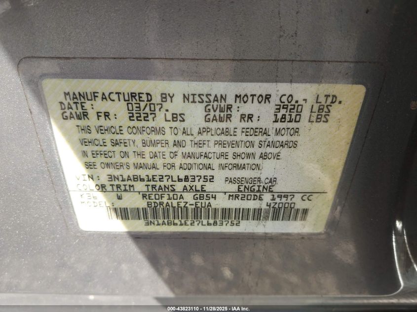 2007 Nissan Sentra 2.0S VIN: 3N1AB61E27L683752 Lot: 43823110