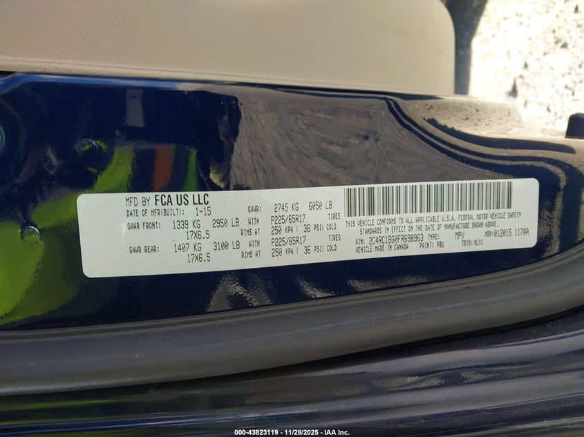 2015 Chrysler Town & Country Touring VIN: 2C4RC1BG0FR698963 Lot: 43823119