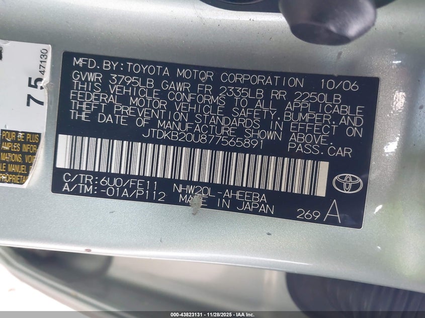 2007 Toyota Prius VIN: JTDKB20U877565891 Lot: 43823131