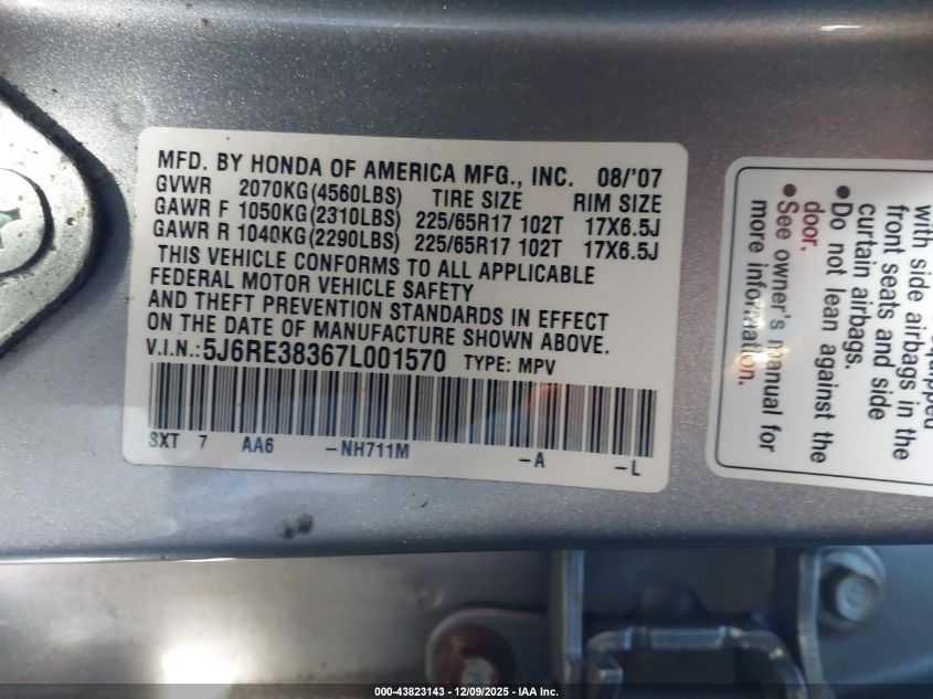2007 Honda Cr-V Lx VIN: 5J6RE38367L001570 Lot: 43823143
