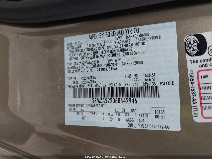 2006 Ford Freestar Sel VIN: 2FMZA52206BA42946 Lot: 43823145