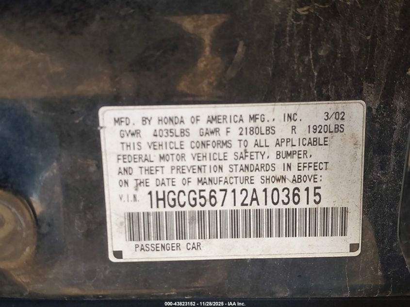 2002 Honda Accord 2.3 Se VIN: 1HGCG56712A103615 Lot: 43823152