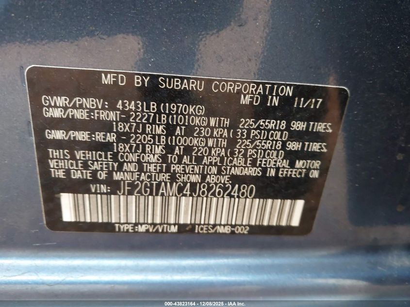 2018 Subaru Crosstrek 2.0I Limited VIN: JF2GTAMC4J8262480 Lot: 43823164