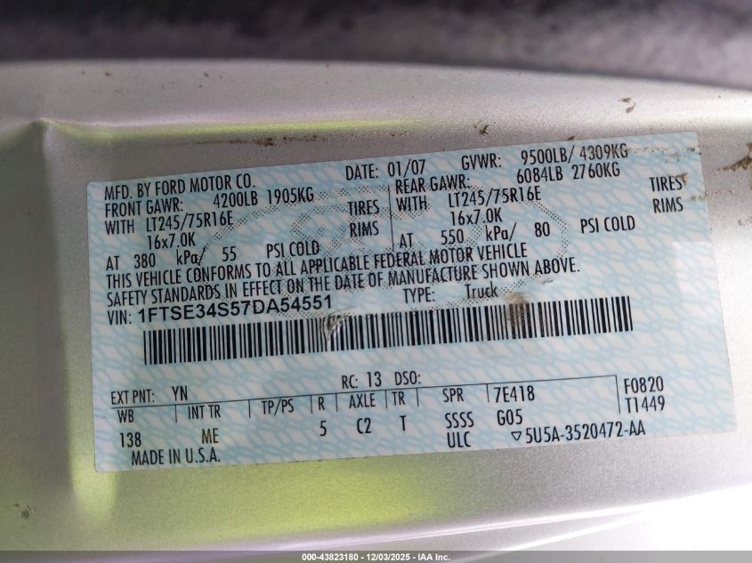 2007 Ford E-350 Super Duty Commercial/Recreational VIN: 1FTSE34S57DA54551 Lot: 43823180