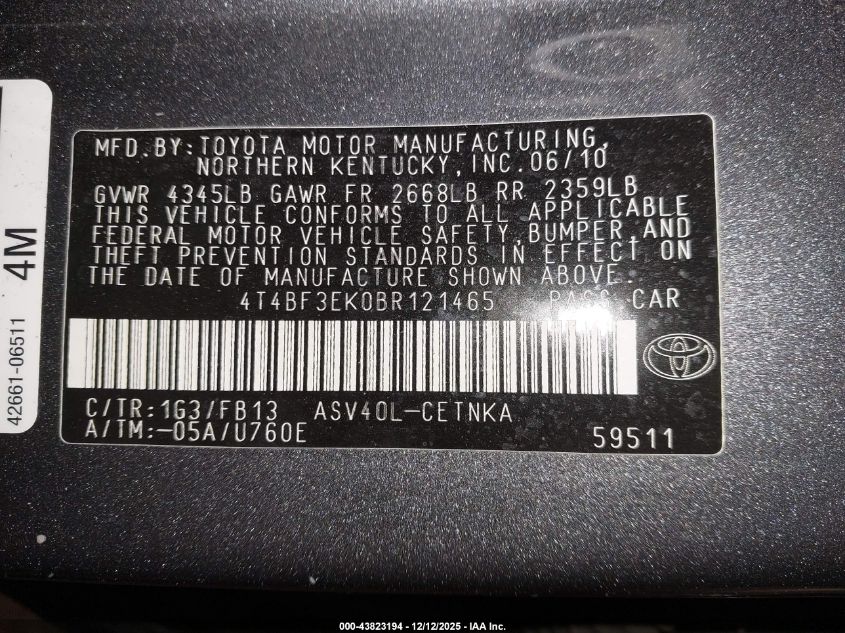 2011 Toyota Camry Le VIN: 4T4BF3EK0BR121465 Lot: 43823194