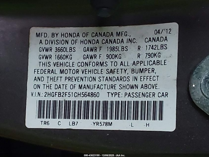 2012 Honda Civic Lx VIN: 2HGFB2F51CH564860 Lot: 43823195