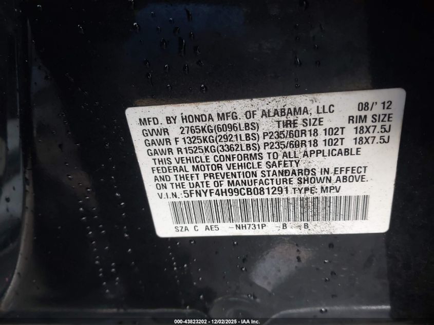 2012 Honda Pilot Touring VIN: 5FNYF4H99CB081291 Lot: 43823202