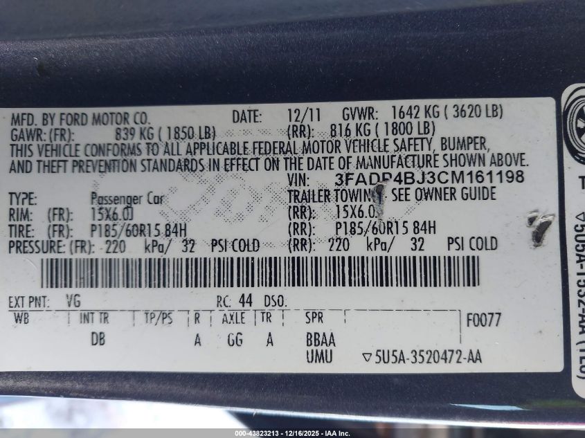 2012 Ford Fiesta Se VIN: 3FADP4BJ3CM161198 Lot: 43823213